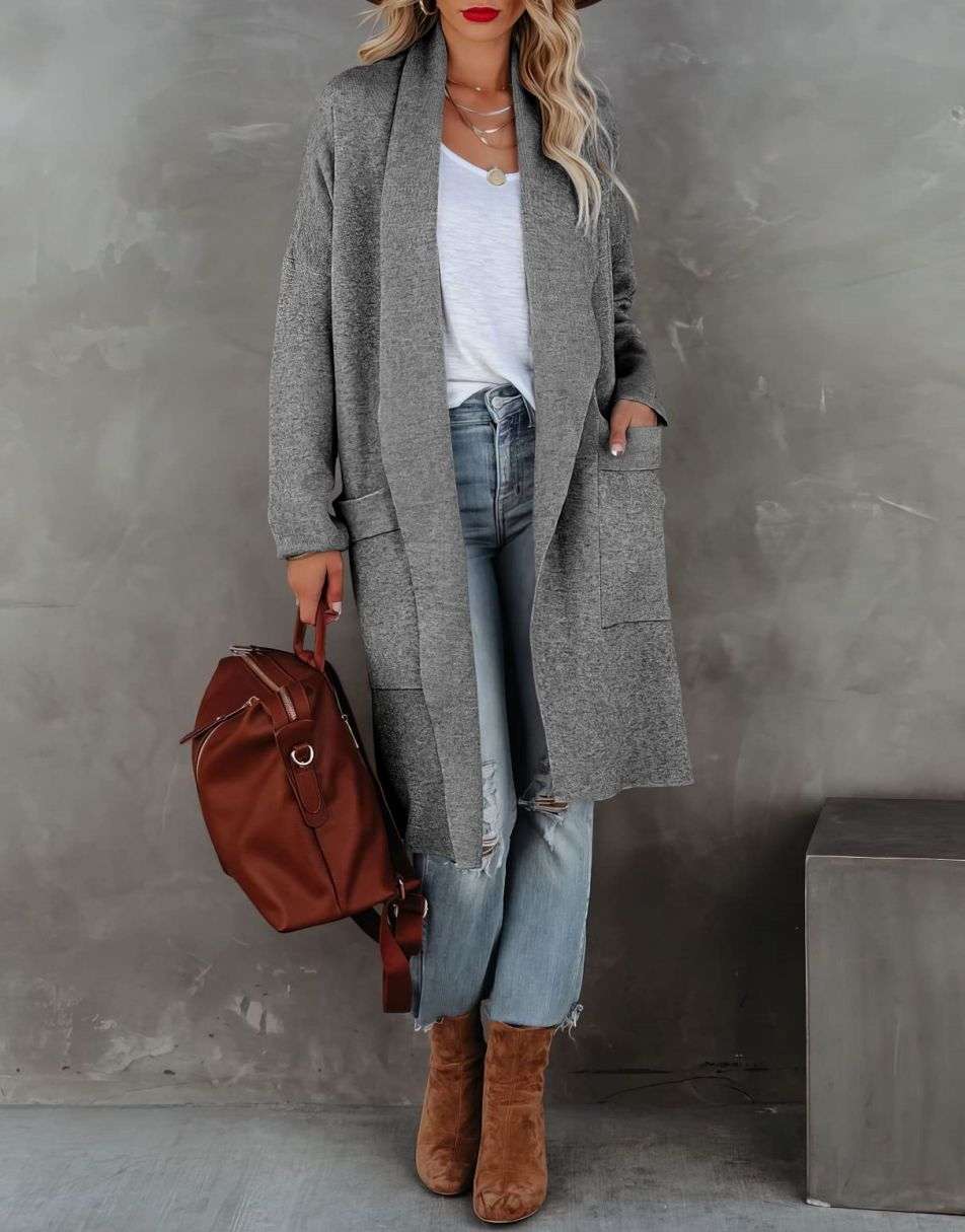 ANRABESS Long Sleeve Open Front Draped Cardigan with Pockets