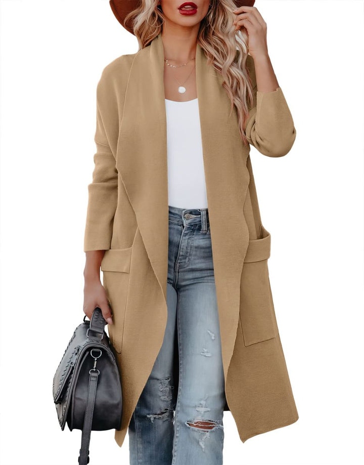 ANRABESS Long Sleeve Open Front Draped Cardigan with Pockets