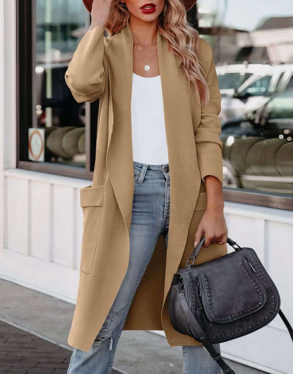 ANRABESS Long Sleeve Open Front Draped Cardigan with Pockets