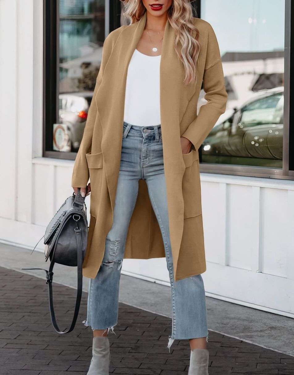 ANRABESS Long Sleeve Open Front Draped Cardigan with Pockets