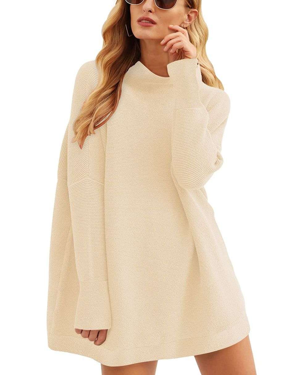 Anrabess Ribbed Knit Turtleneck Slouchy Tunic Pullover