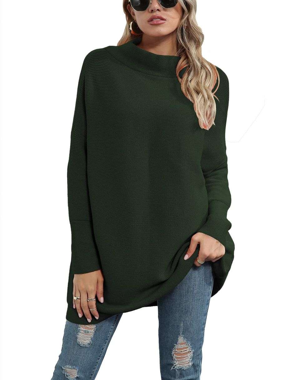 Anrabess Ribbed Knit Turtleneck Slouchy Tunic Pullover