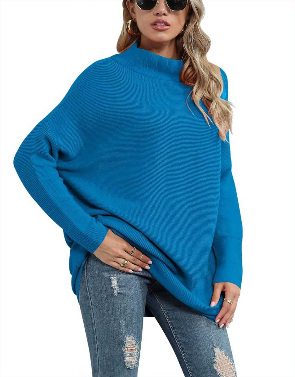 Anrabess Ribbed Knit Turtleneck Slouchy Tunic Pullover