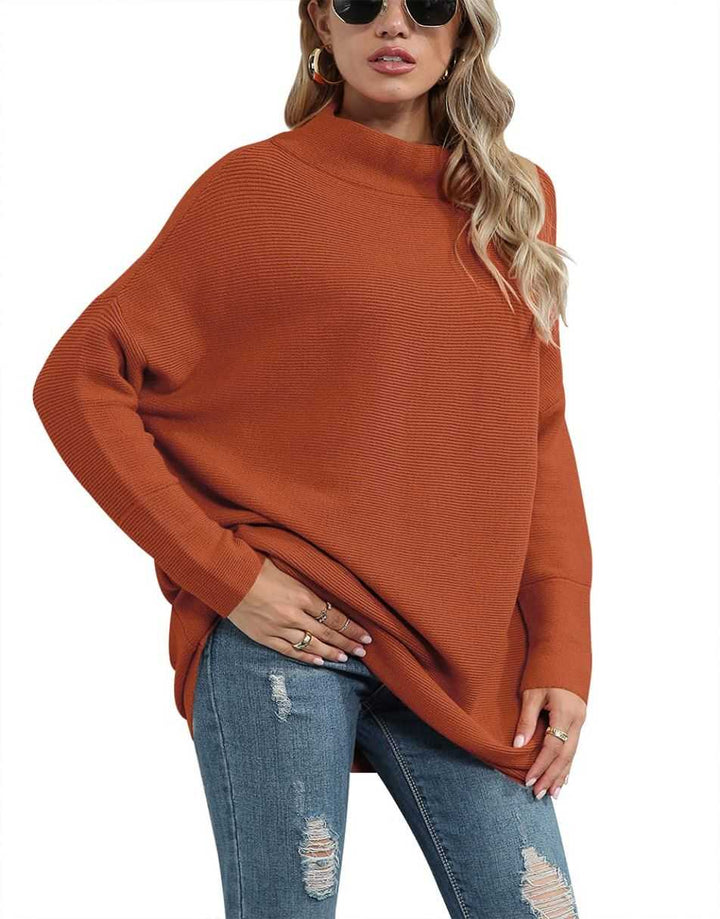 Anrabess Ribbed Knit Turtleneck Slouchy Tunic Pullover