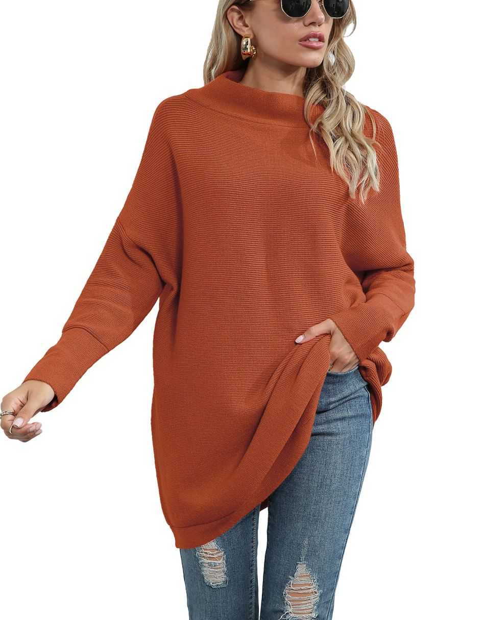 Anrabess Ribbed Knit Turtleneck Slouchy Tunic Pullover