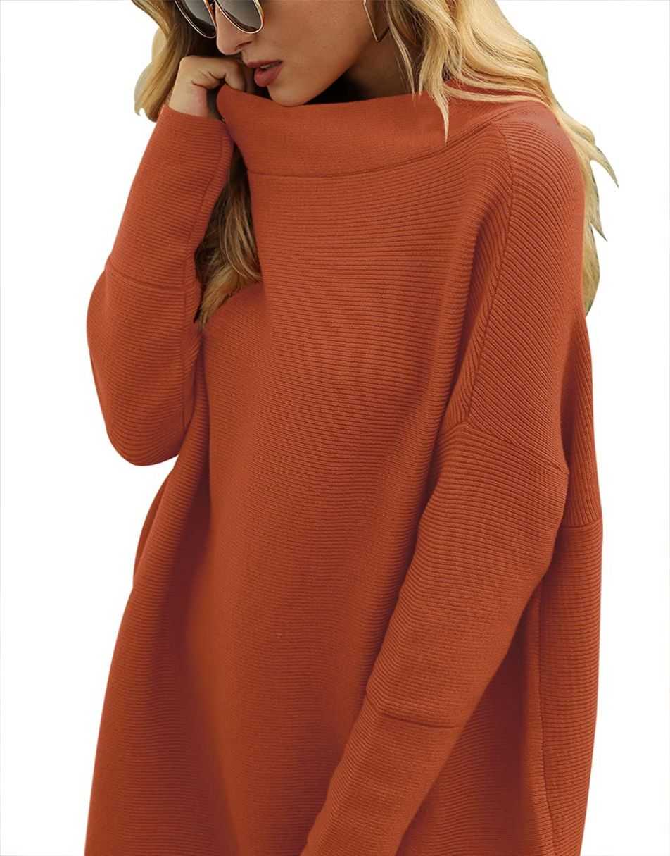 Anrabess Ribbed Knit Turtleneck Slouchy Tunic Pullover