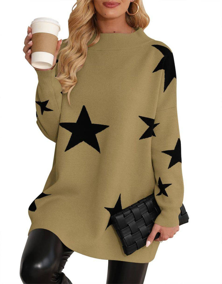 Anrabess Ribbed Knit Turtleneck Slouchy Tunic Pullover