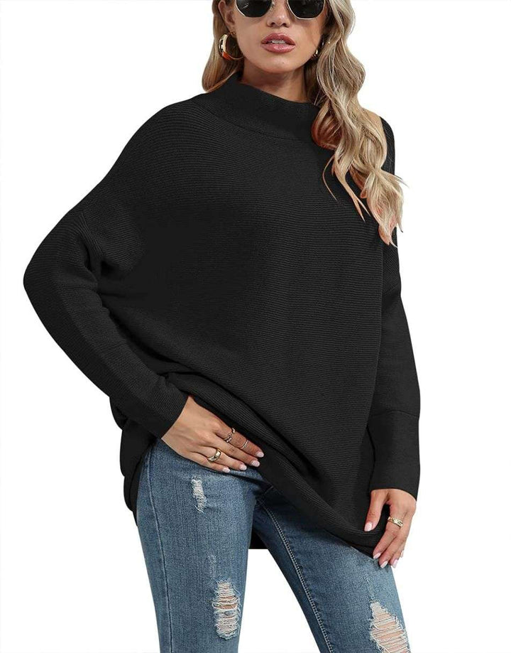 Anrabess Ribbed Knit Turtleneck Slouchy Tunic Pullover