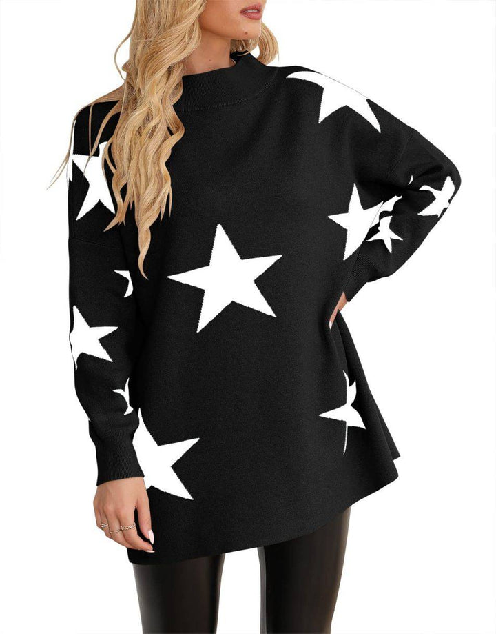 Anrabess Ribbed Knit Turtleneck Slouchy Tunic Pullover