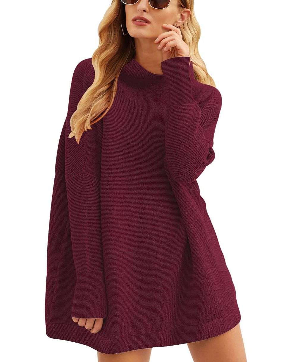 Anrabess Ribbed Knit Turtleneck Slouchy Tunic Pullover