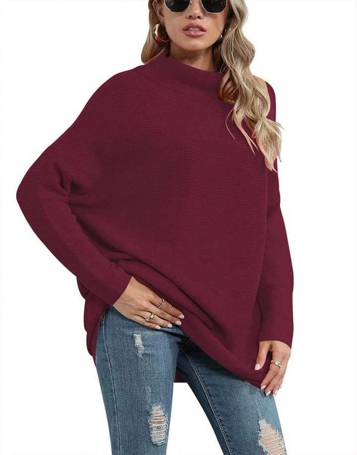 Anrabess Ribbed Knit Turtleneck Slouchy Tunic Pullover
