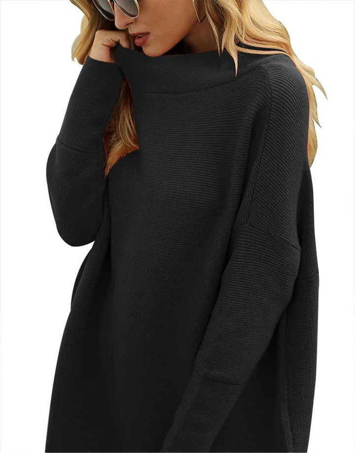 Anrabess Ribbed Knit Turtleneck Slouchy Tunic Pullover