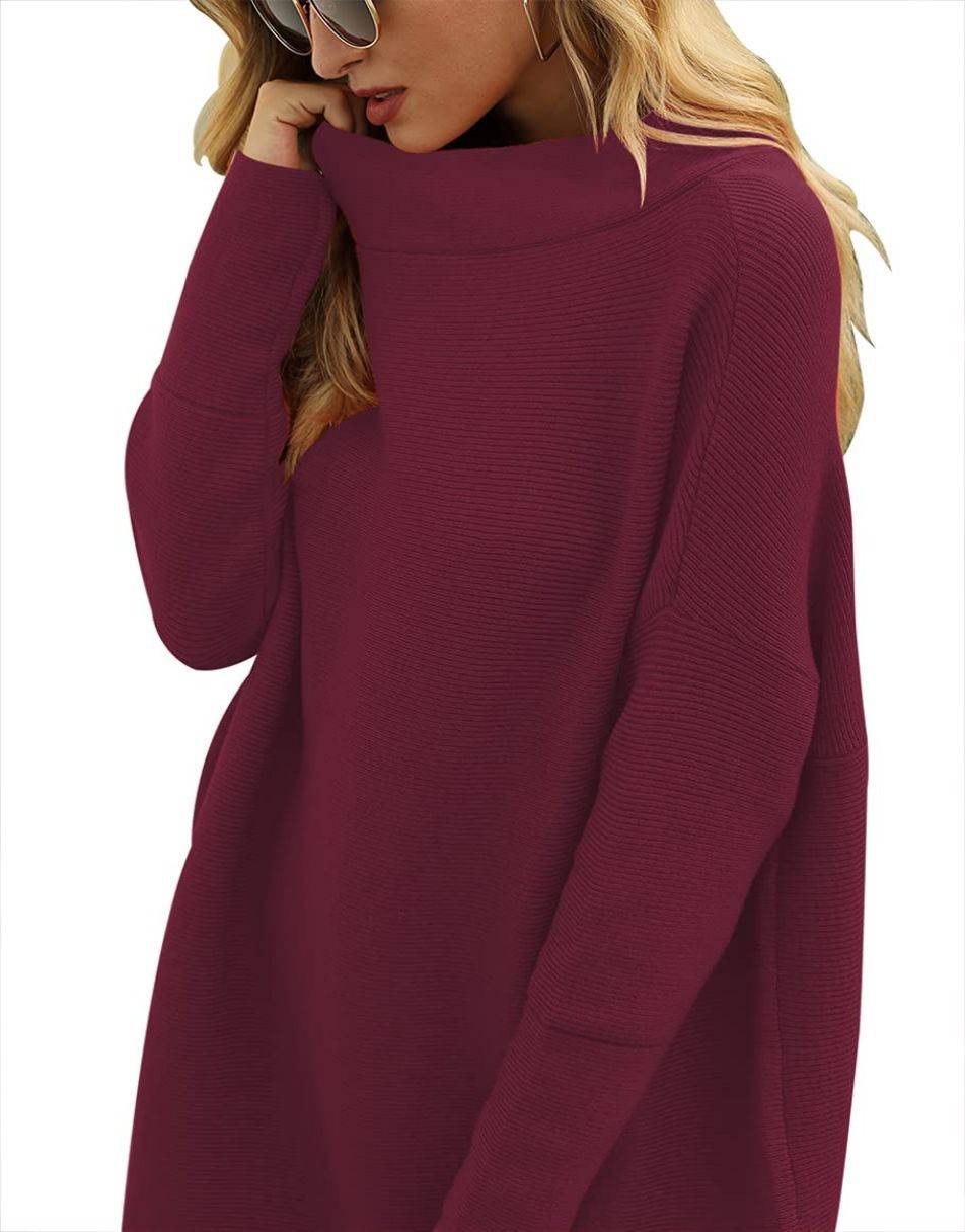 Anrabess Ribbed Knit Turtleneck Slouchy Tunic Pullover