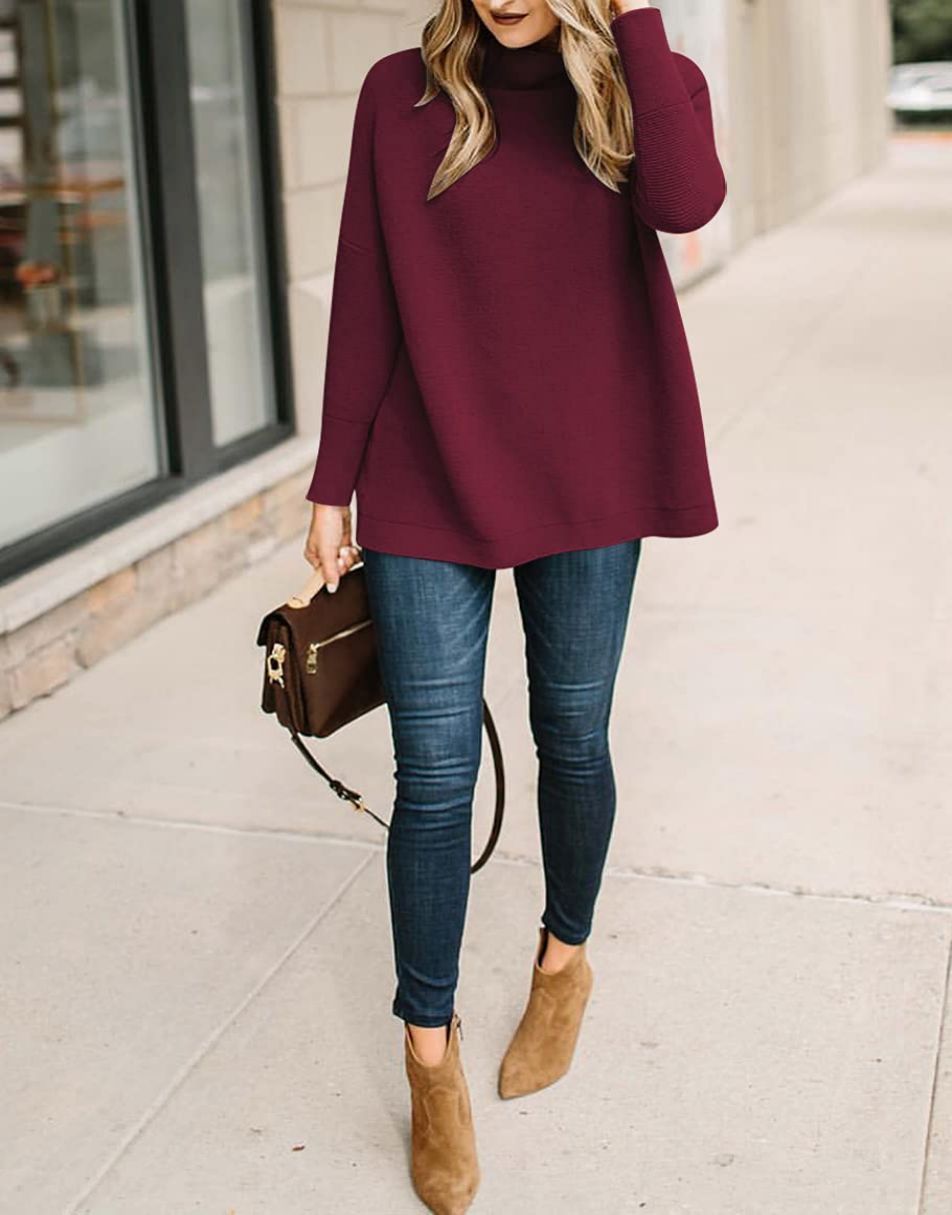 Anrabess Ribbed Knit Turtleneck Slouchy Tunic Pullover