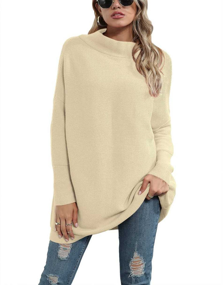 Anrabess Ribbed Knit Turtleneck Slouchy Tunic Pullover