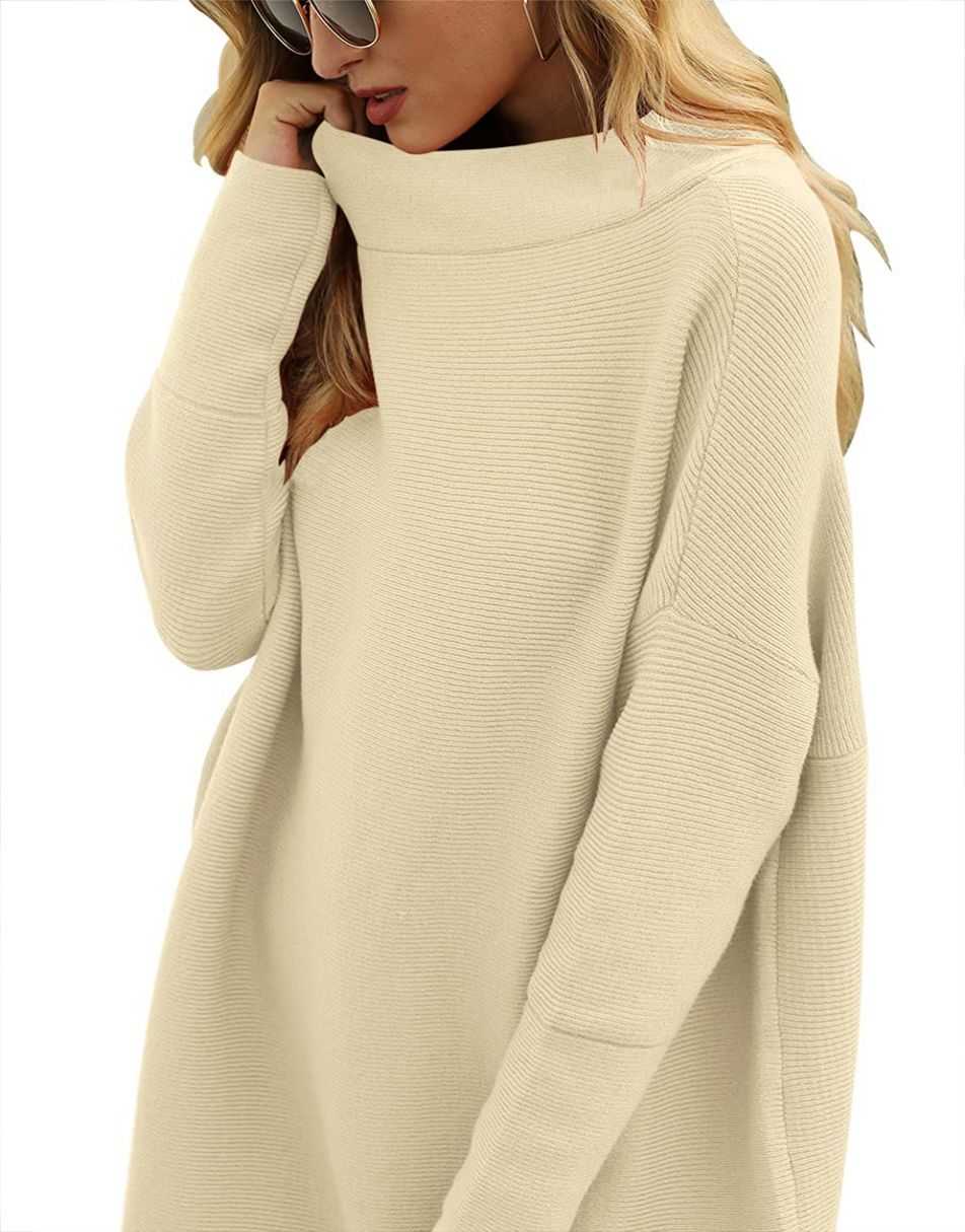 Anrabess Ribbed Knit Turtleneck Slouchy Tunic Pullover