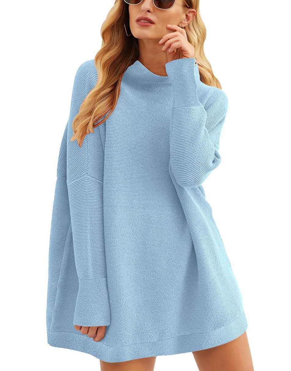 Anrabess Ribbed Knit Turtleneck Slouchy Tunic Pullover