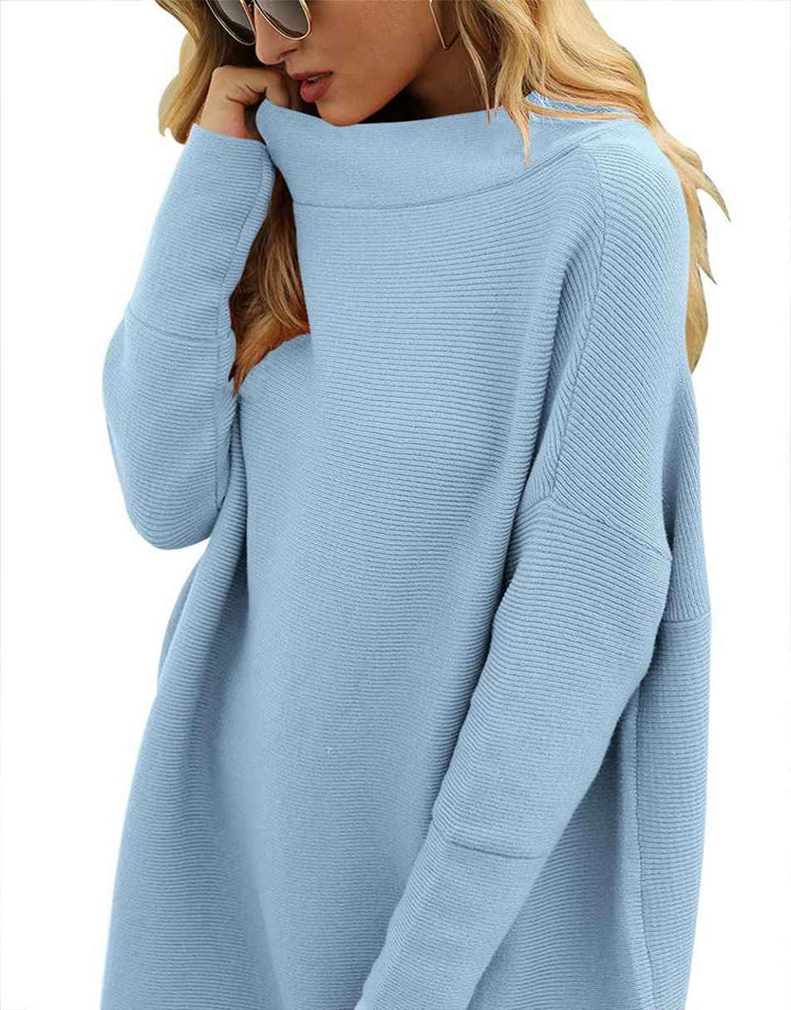 Anrabess Ribbed Knit Turtleneck Slouchy Tunic Pullover