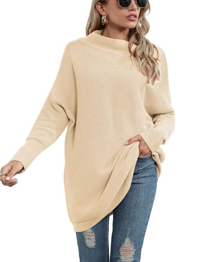 Anrabess Ribbed Knit Turtleneck Slouchy Tunic Pullover