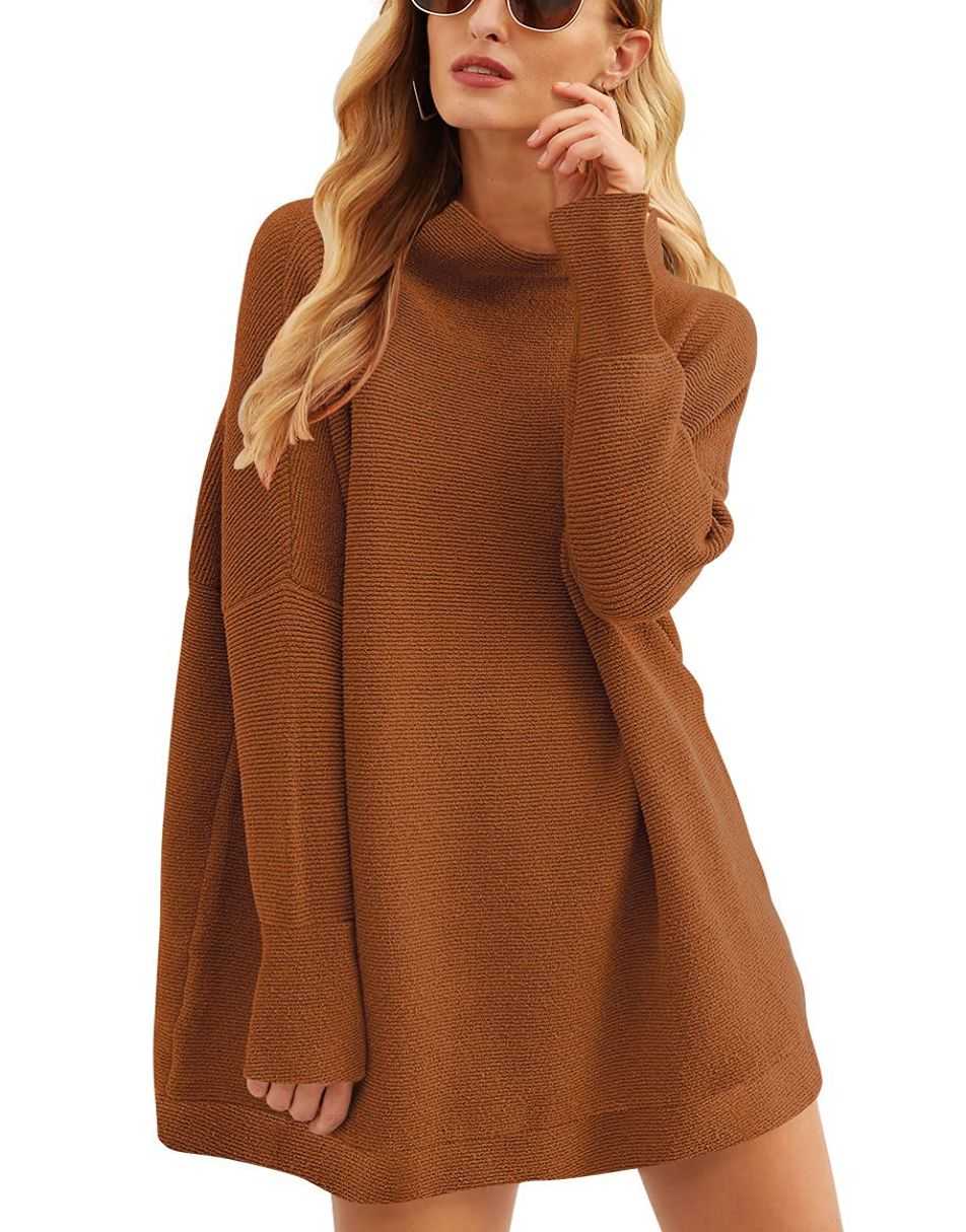 Anrabess Ribbed Knit Turtleneck Slouchy Tunic Pullover