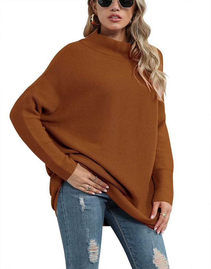 Anrabess Ribbed Knit Turtleneck Slouchy Tunic Pullover