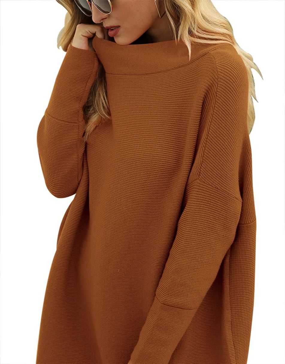 Anrabess Ribbed Knit Turtleneck Slouchy Tunic Pullover