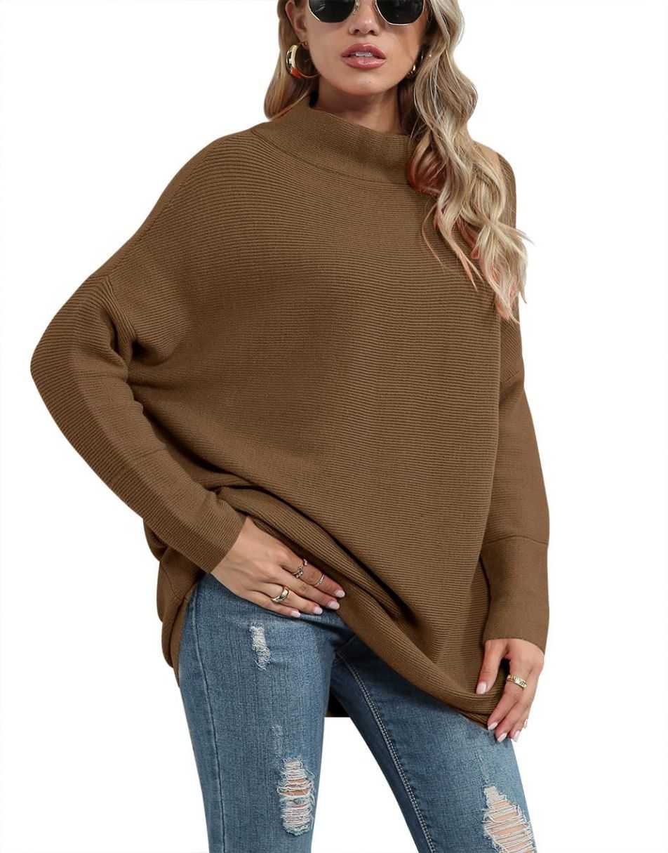 Anrabess Ribbed Knit Turtleneck Slouchy Tunic Pullover