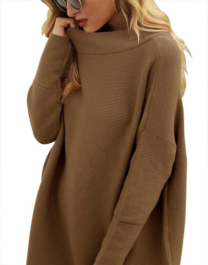 Anrabess Ribbed Knit Turtleneck Slouchy Tunic Pullover