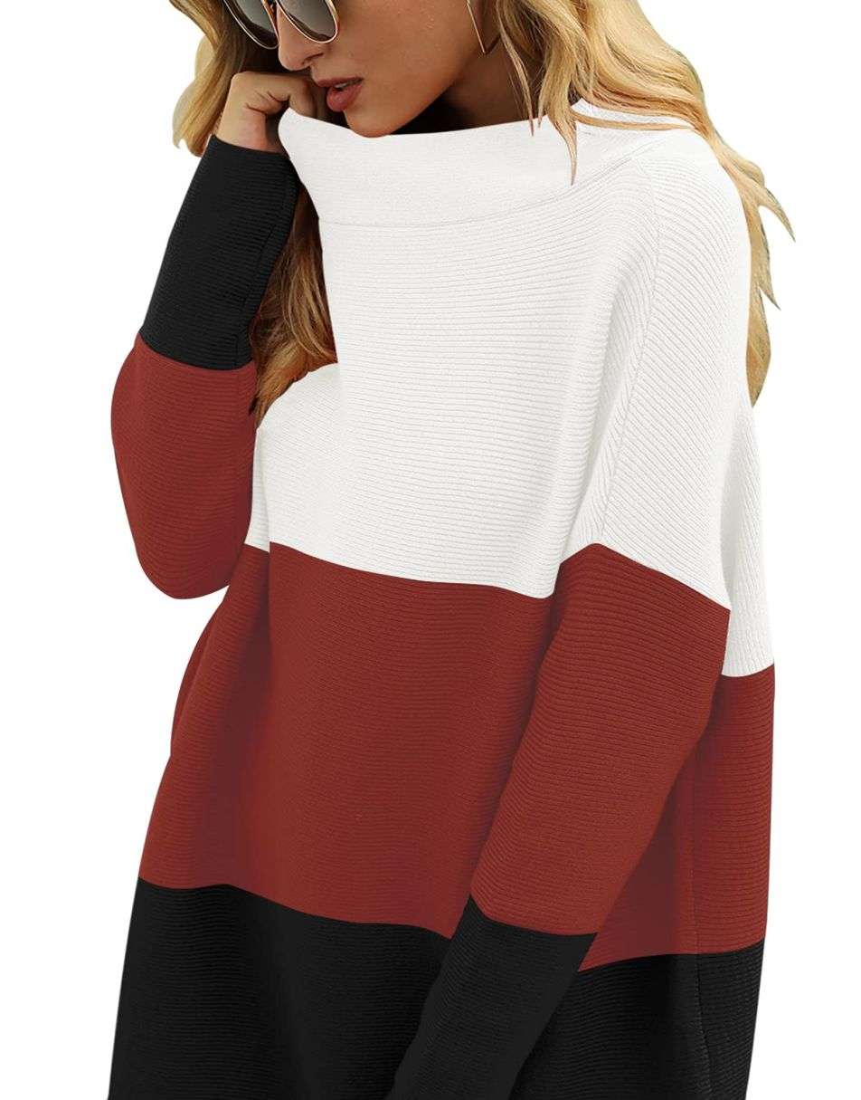 Anrabess Ribbed Knit Turtleneck Slouchy Tunic Pullover