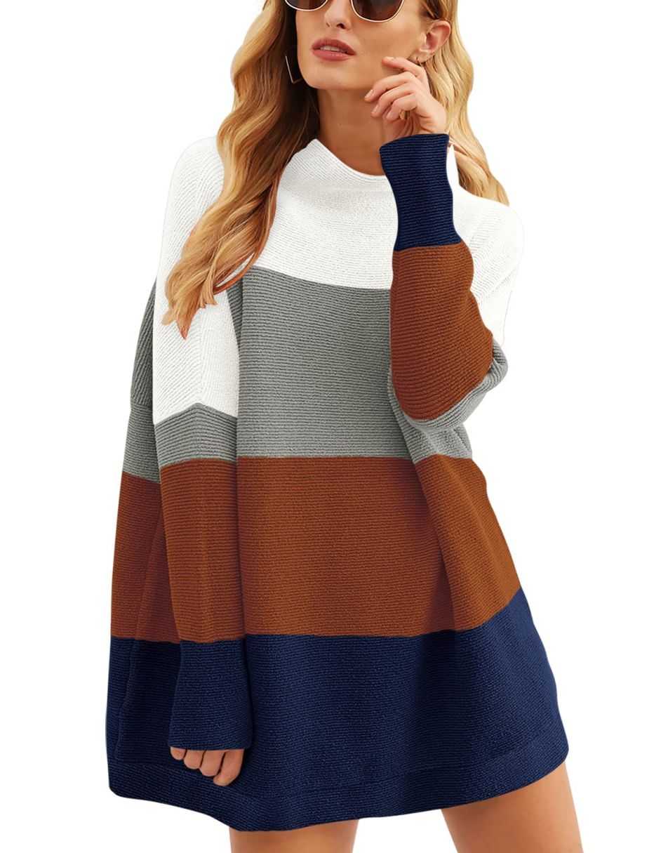 Anrabess Ribbed Knit Turtleneck Slouchy Tunic Pullover