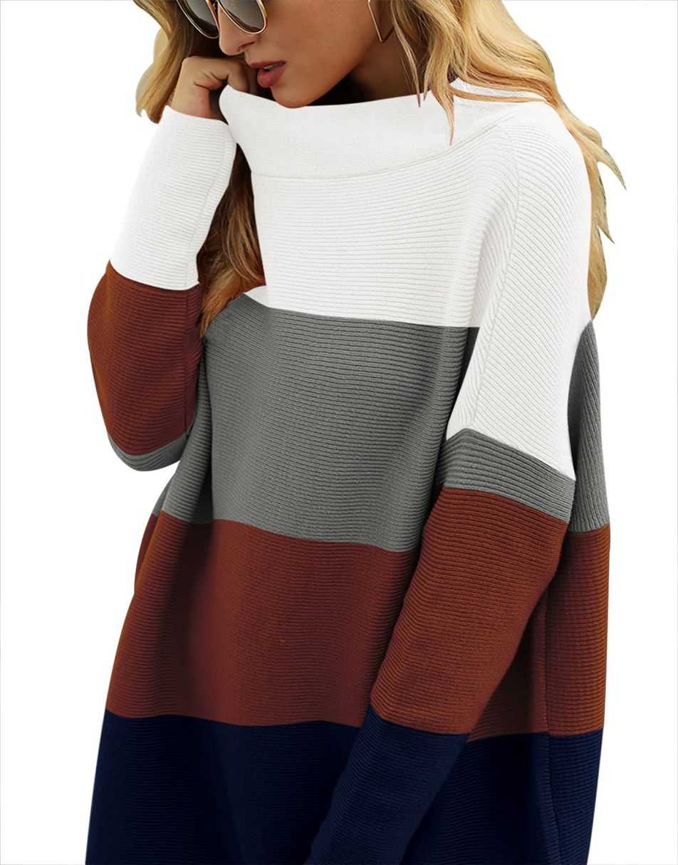 Anrabess Ribbed Knit Turtleneck Slouchy Tunic Pullover