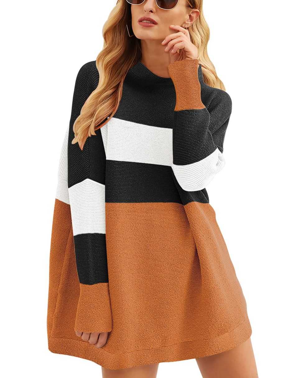 Anrabess Ribbed Knit Turtleneck Slouchy Tunic Pullover