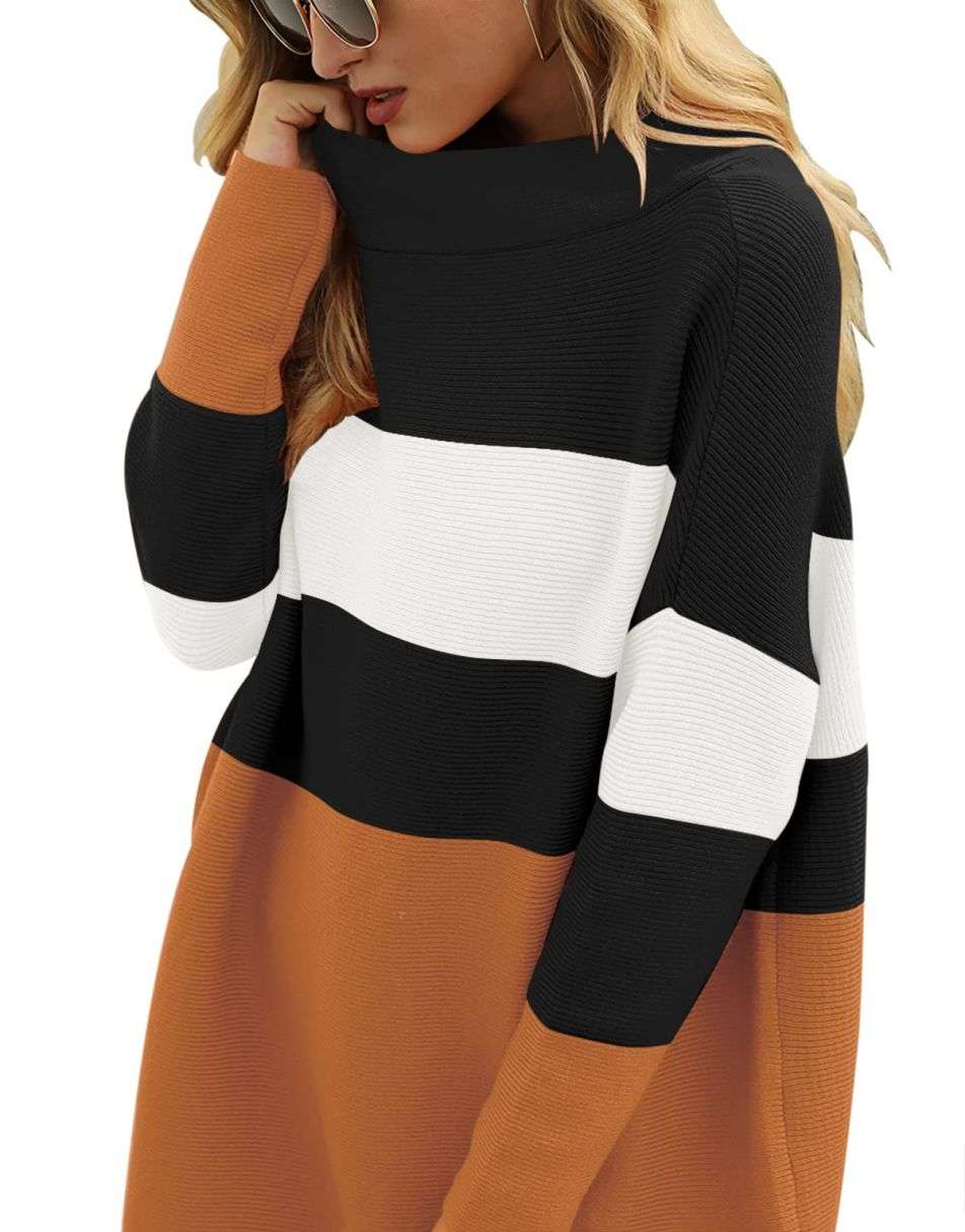 Anrabess Ribbed Knit Turtleneck Slouchy Tunic Pullover