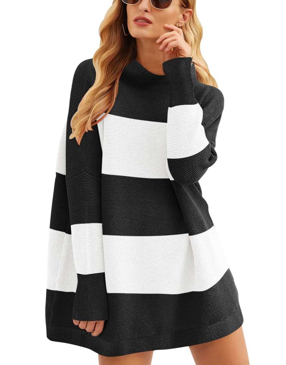 Anrabess Ribbed Knit Turtleneck Slouchy Tunic Pullover