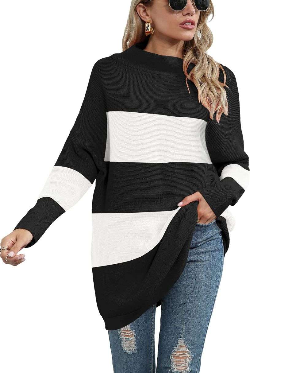 Anrabess Ribbed Knit Turtleneck Slouchy Tunic Pullover