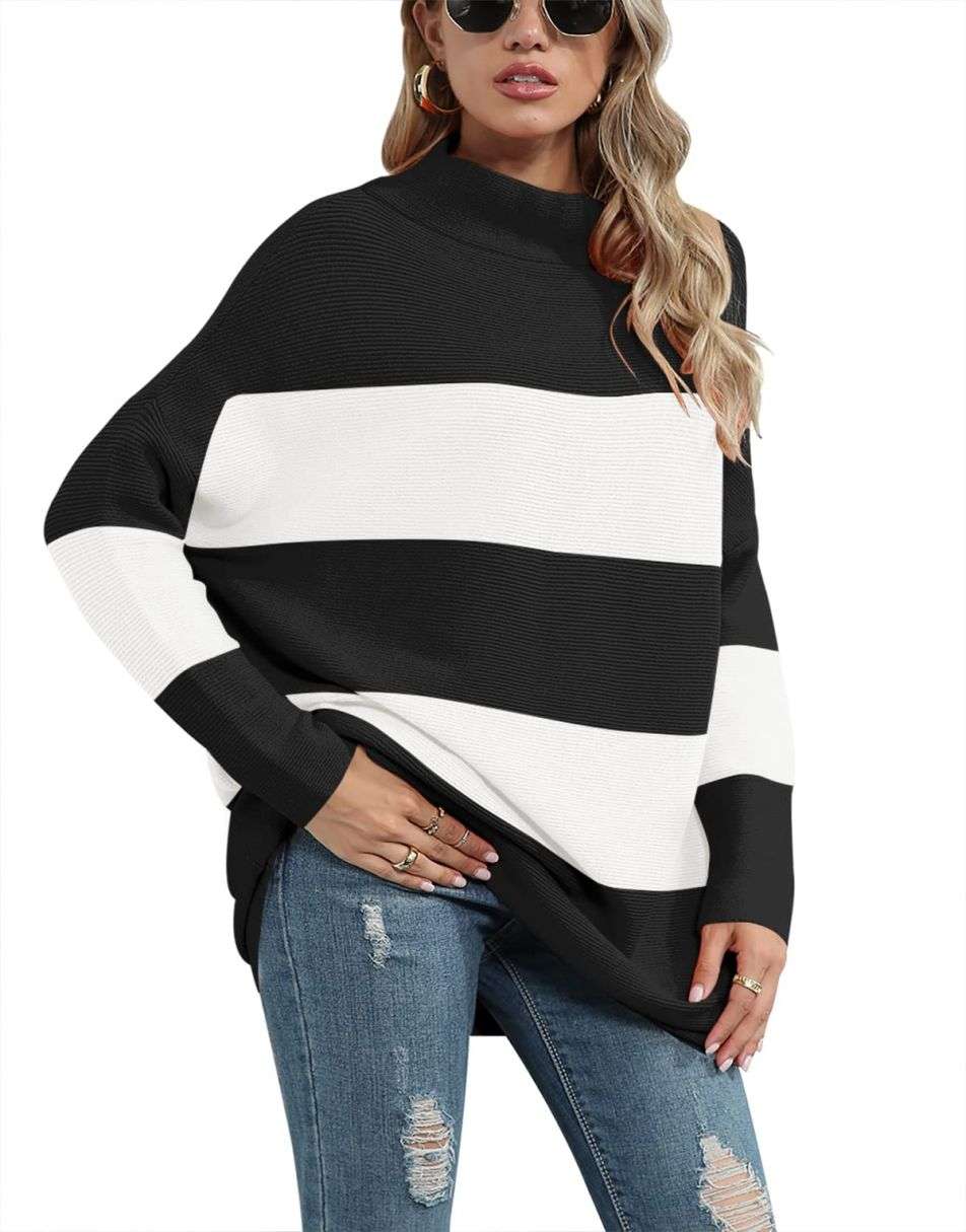 Anrabess Ribbed Knit Turtleneck Slouchy Tunic Pullover