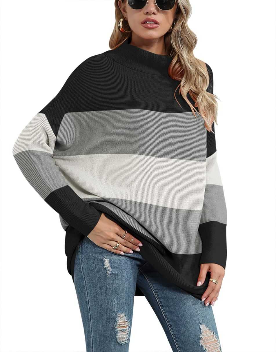 Anrabess Ribbed Knit Turtleneck Slouchy Tunic Pullover