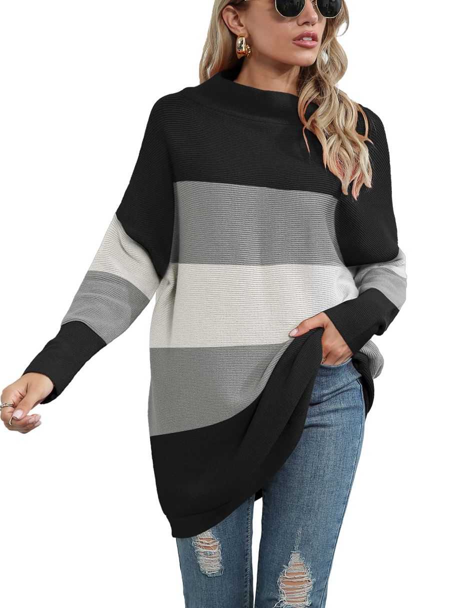 Anrabess Ribbed Knit Turtleneck Slouchy Tunic Pullover