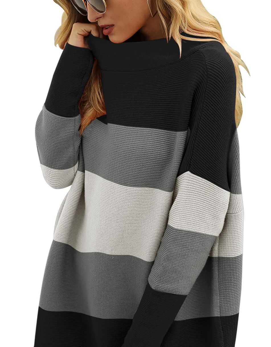 Anrabess Ribbed Knit Turtleneck Slouchy Tunic Pullover