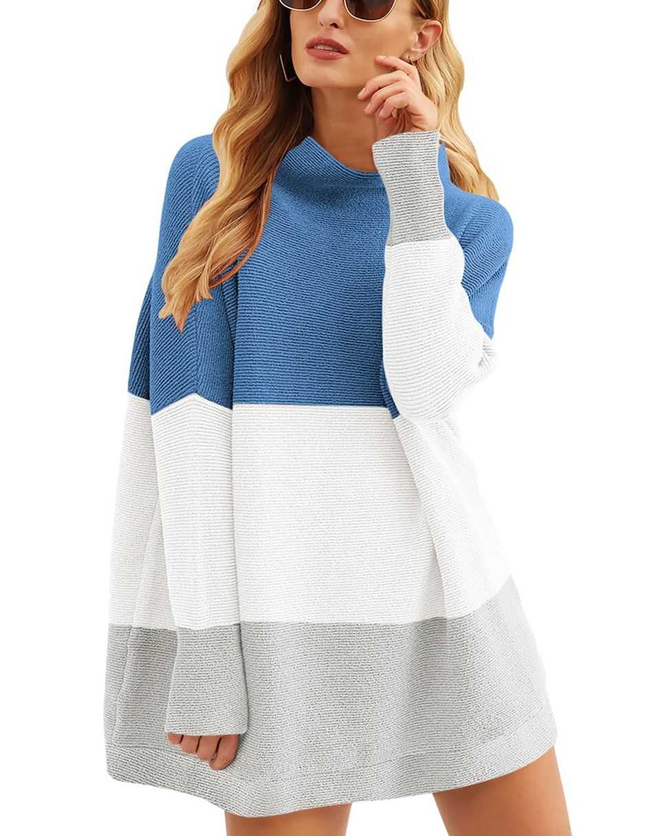 Anrabess Ribbed Knit Turtleneck Slouchy Tunic Pullover