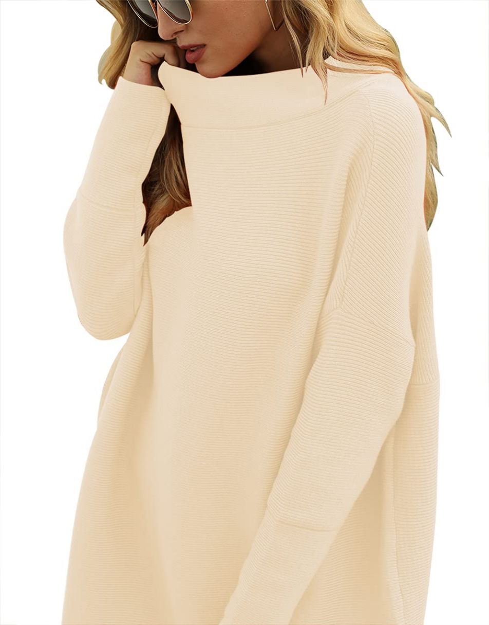 Anrabess Ribbed Knit Turtleneck Slouchy Tunic Pullover
