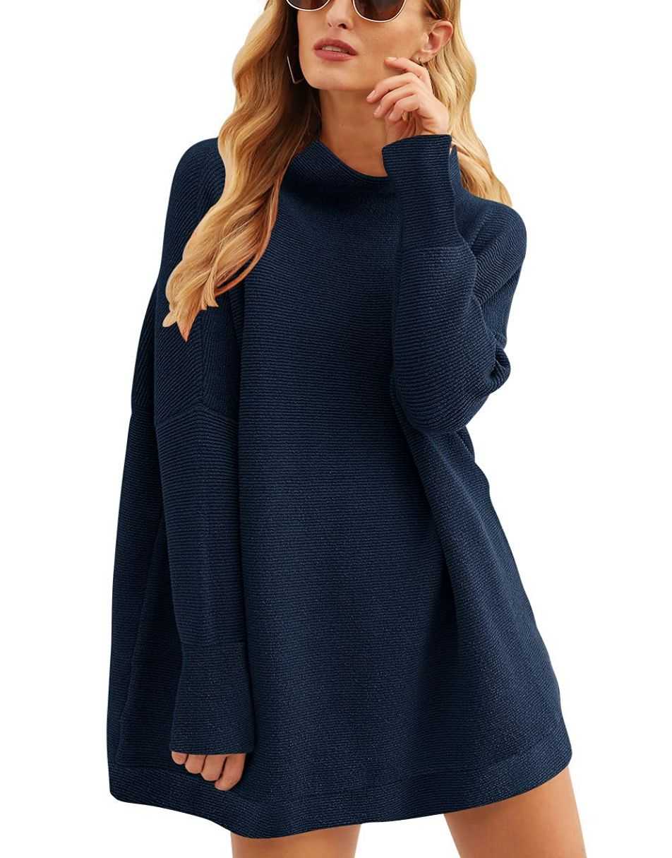 Anrabess Ribbed Knit Turtleneck Slouchy Tunic Pullover