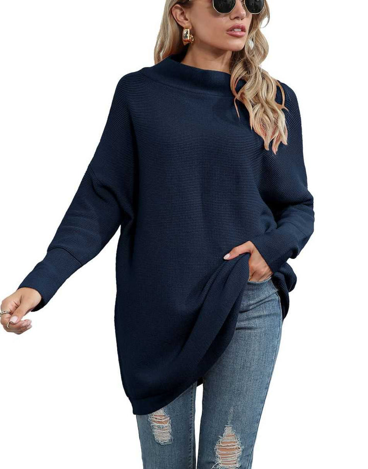 Anrabess Ribbed Knit Turtleneck Slouchy Tunic Pullover