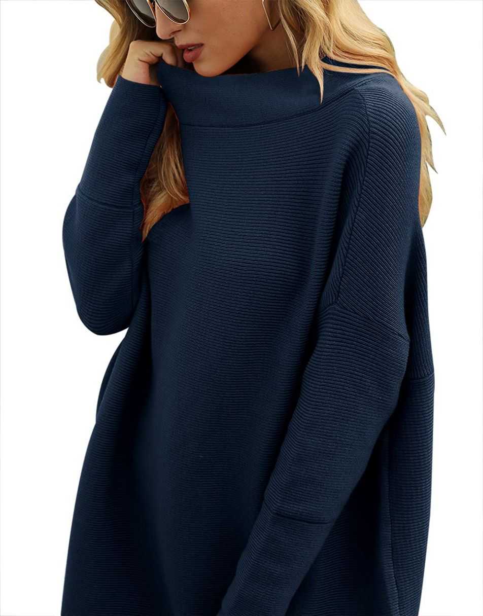Anrabess Ribbed Knit Turtleneck Slouchy Tunic Pullover