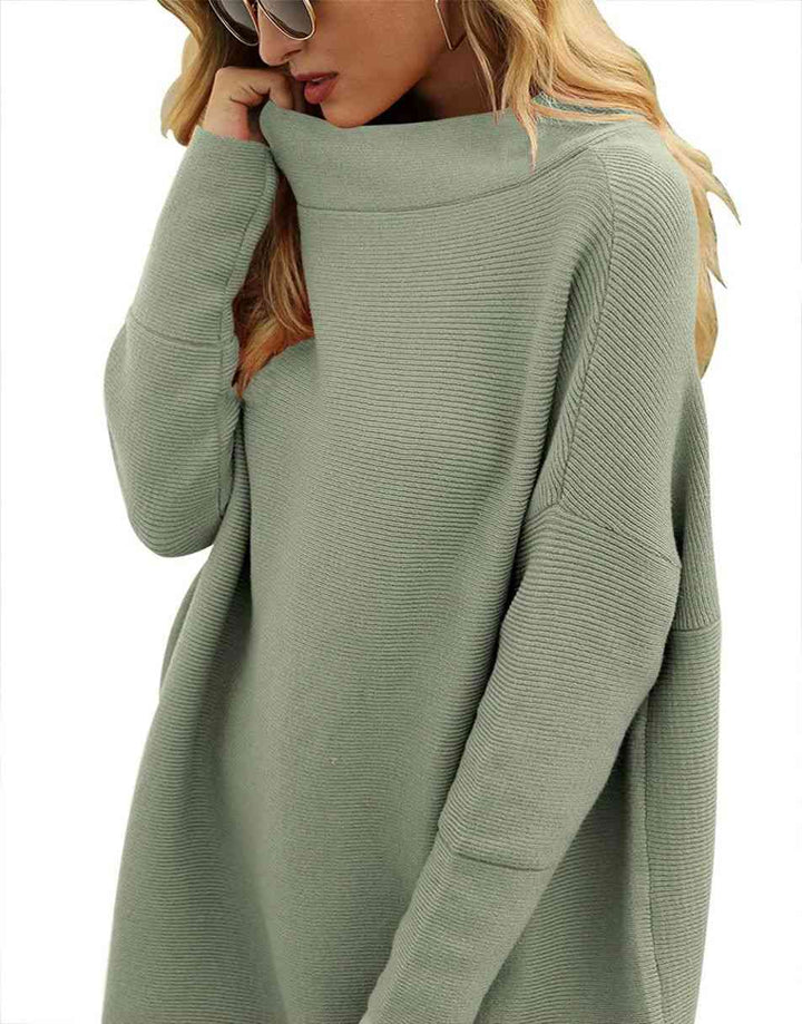 Anrabess Ribbed Knit Turtleneck Slouchy Tunic Pullover