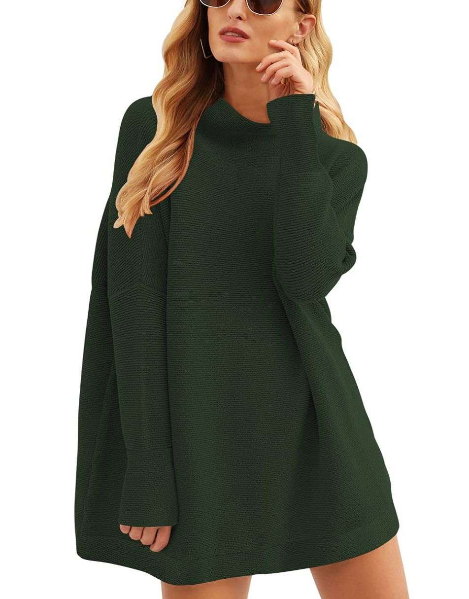 Anrabess Ribbed Knit Turtleneck Slouchy Tunic Pullover