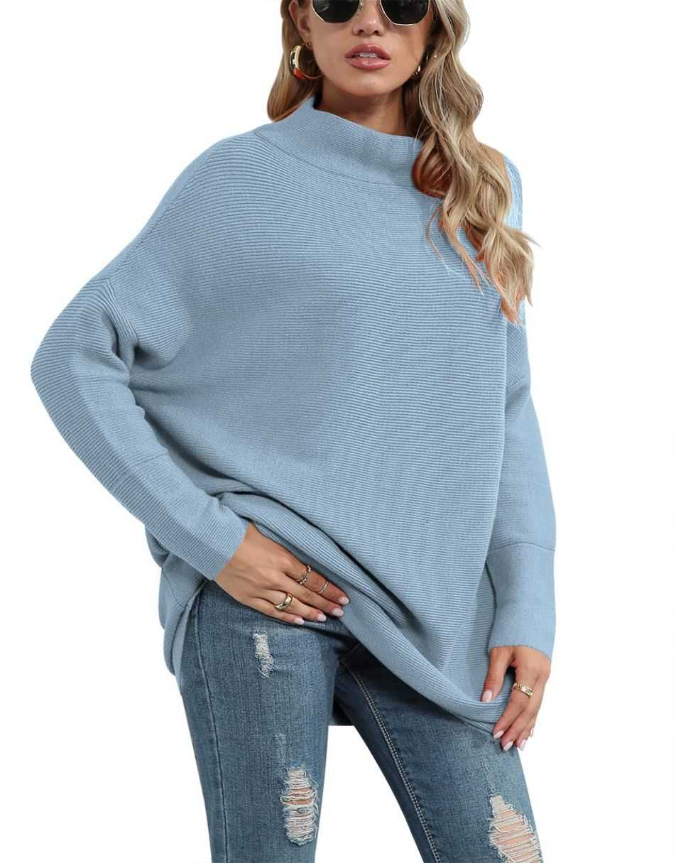 Anrabess Ribbed Knit Turtleneck Slouchy Tunic Pullover