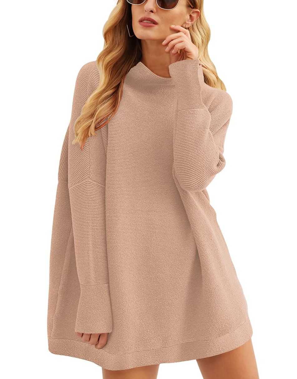Anrabess Ribbed Knit Turtleneck Slouchy Tunic Pullover