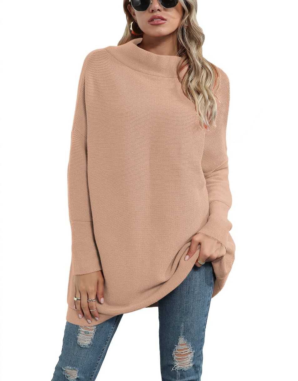 Anrabess Ribbed Knit Turtleneck Slouchy Tunic Pullover