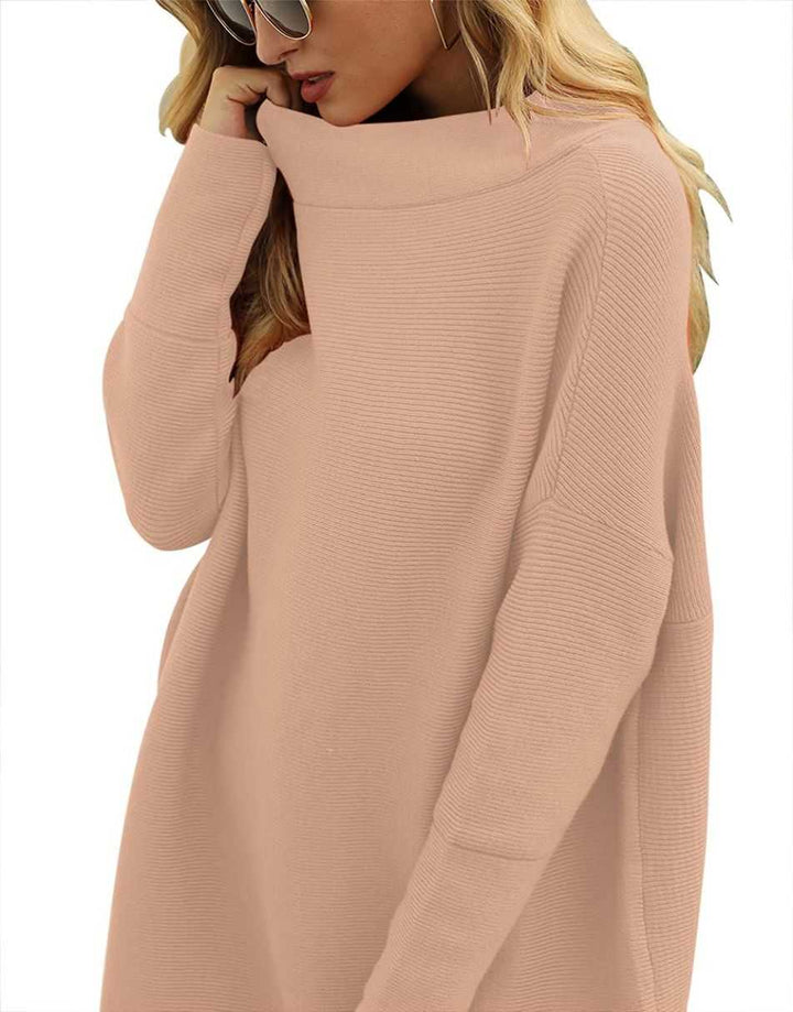 Anrabess Ribbed Knit Turtleneck Slouchy Tunic Pullover